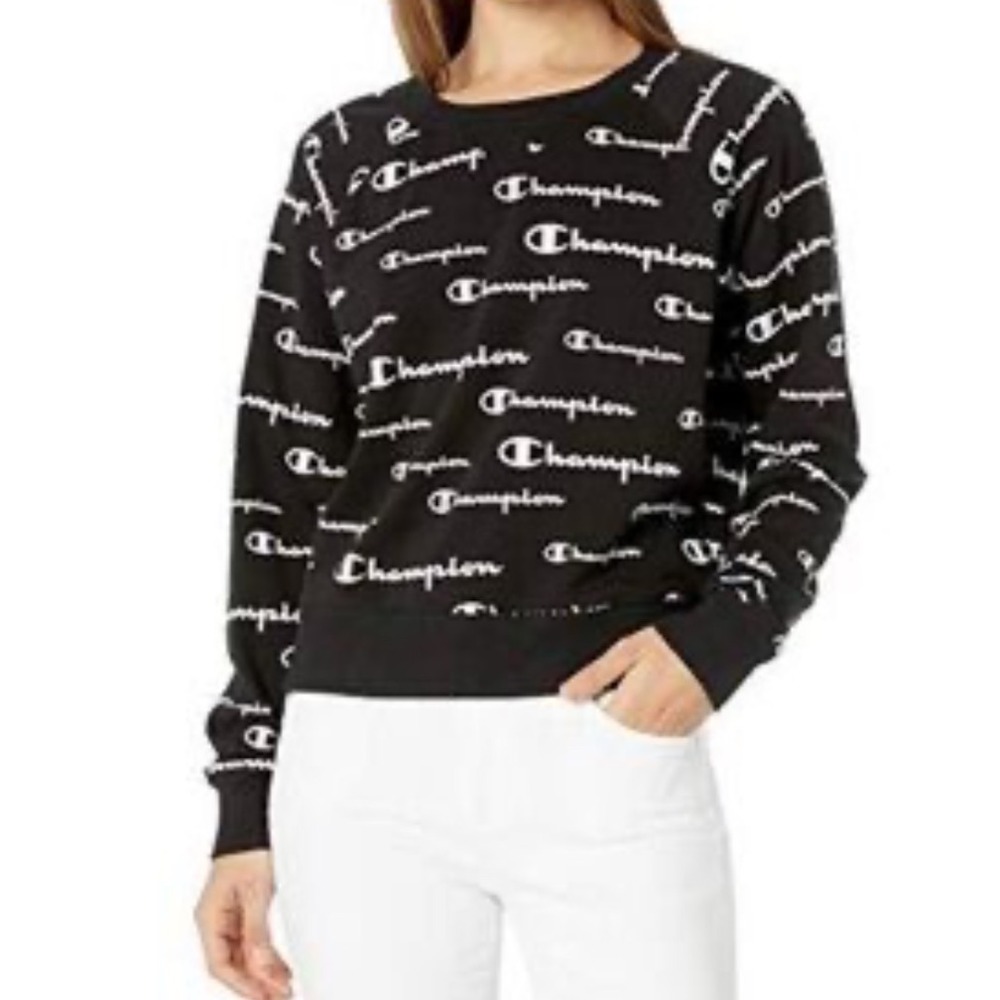 Champion All Over Logo Print Sweatshirt Black Womens Size Large Crewneck‎